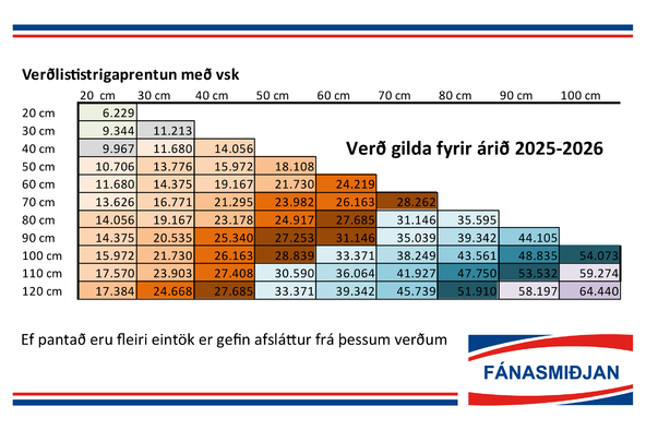 Strigaprentun  verðlisti 2025 2026